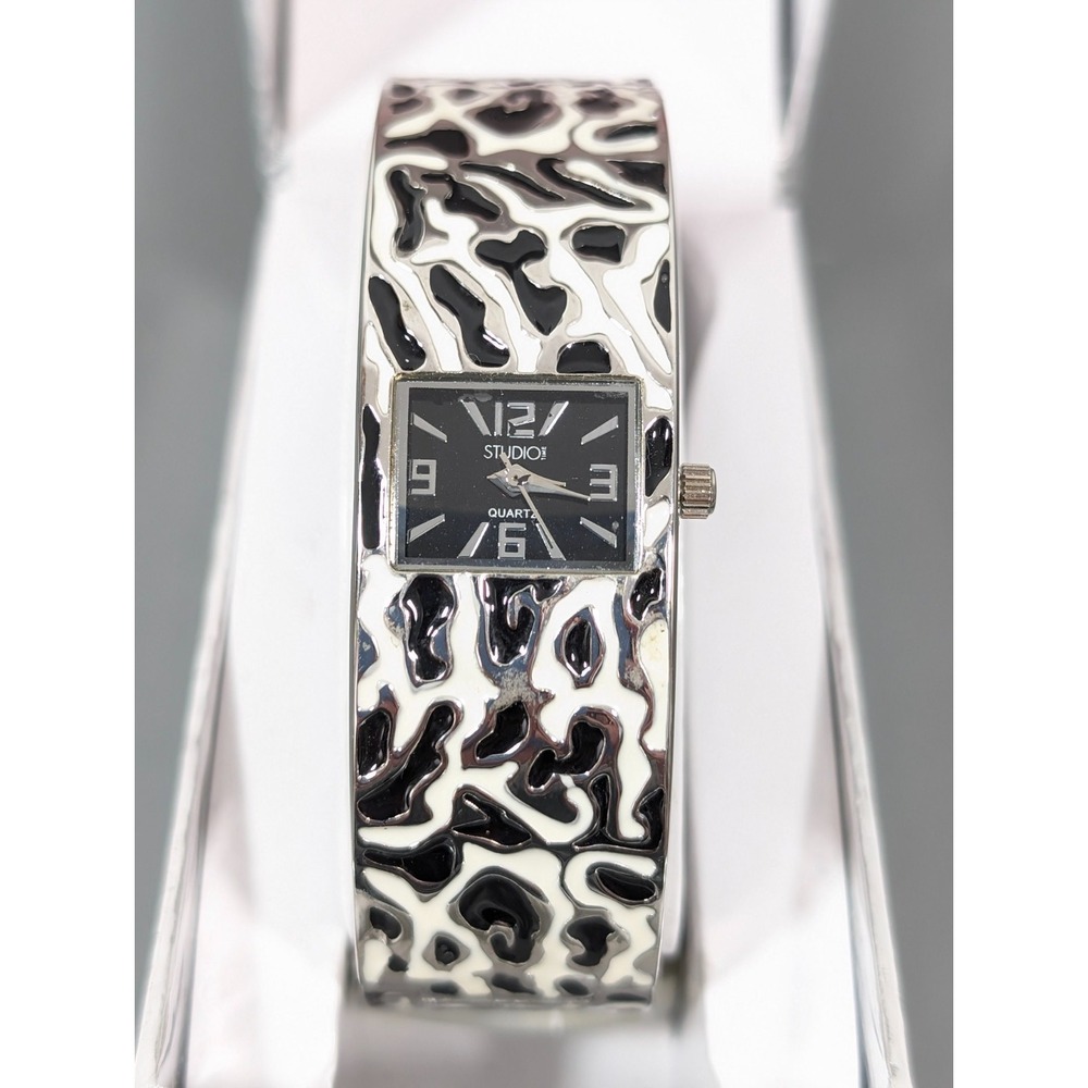 Studio Black White Enamel Hinge Bracelet Cuff Watch Womens 7" - Picture 1 of 9